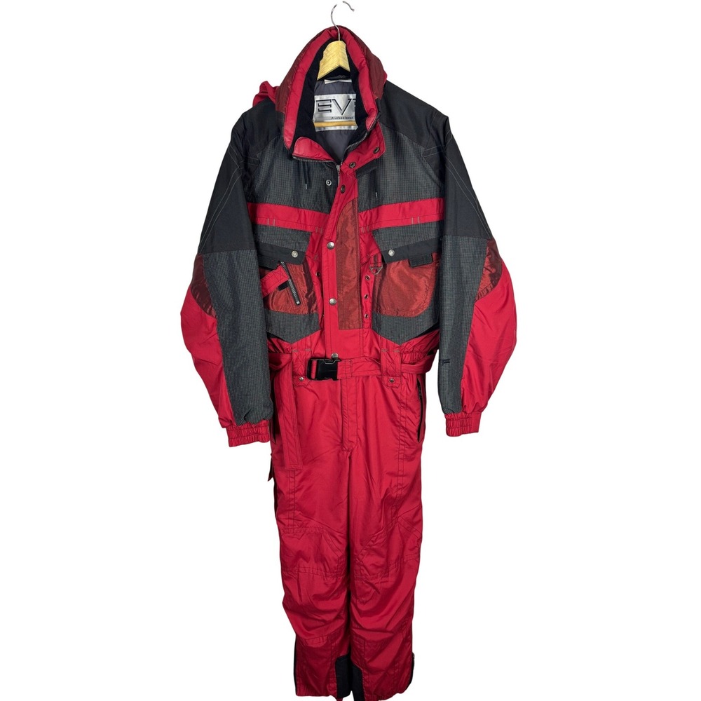 EVF Professional Vintage One Piece Ski Suit Red Black Mens Large Snow Suit